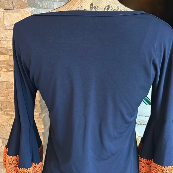 Judith March navy straight line dress 3/4 orange crochet bell sleeves lined boho - Picture 6 of 16